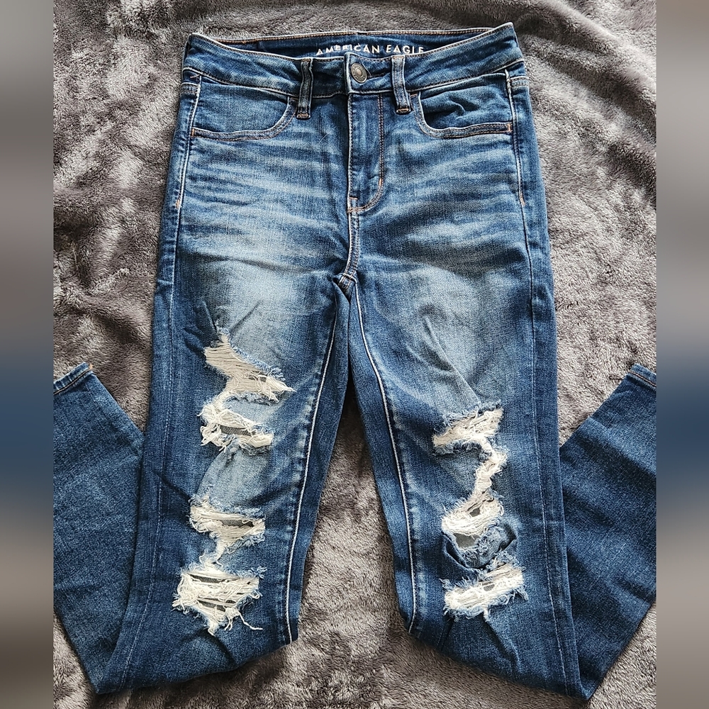 Womens american eagle distressed blue denim skinny jeans